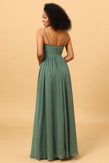 A Line Spaghetti Straps Eucalyptus Long Bridesmaid Dress with Split Front